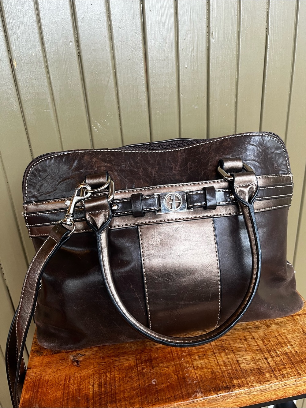 Giani Bernini Brown Leather Bronze Metallic Tote Convertible Handbag 14x10